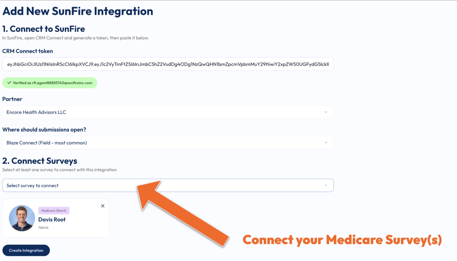 The Connect Surveys section with a Medicare survey selected and the Create Integration button