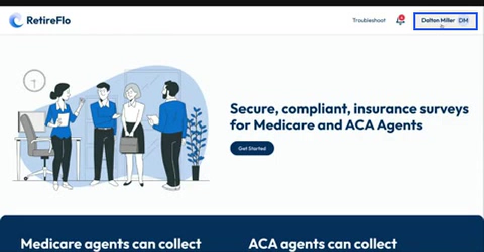 The retireflo.com homepage with your name highlighted in the top-right corner