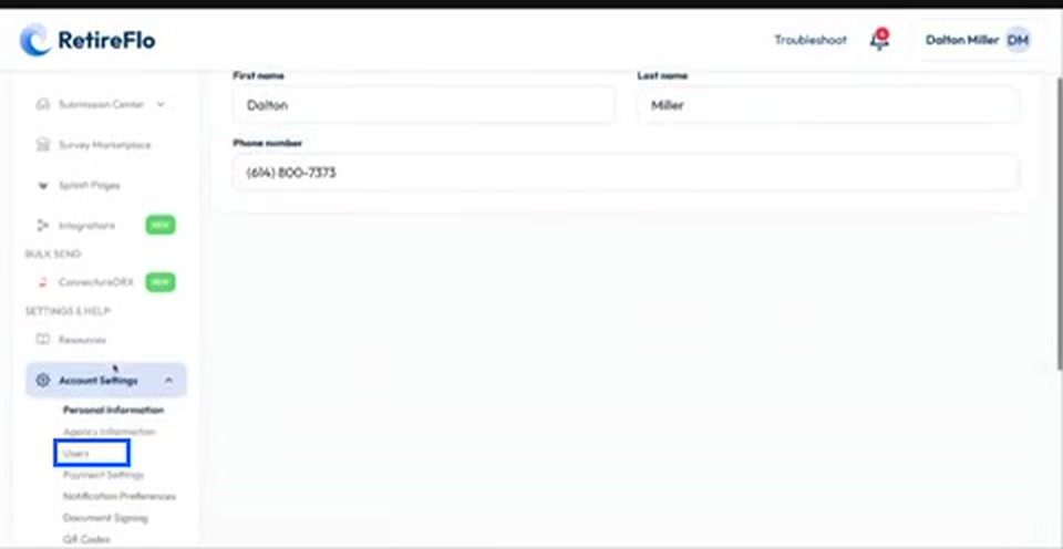 The Account Settings drop-down open in the left menu with Users highlighted
