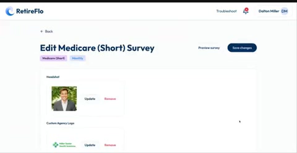 The Edit Survey page where you upload an agent's headshot and custom agency logo