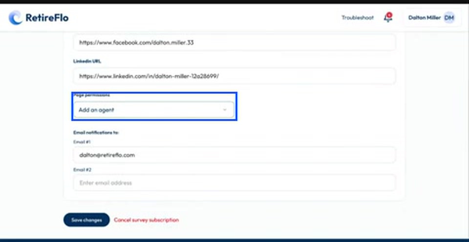 The Page permissions drop-down highlighted on the survey management page
