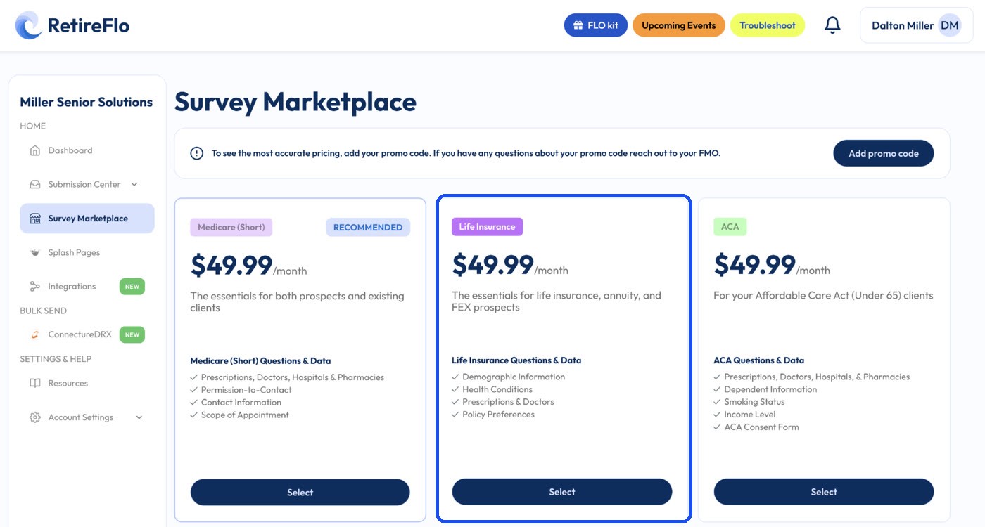 The Survey Marketplace with the Life Insurance survey highlighted at $49.99 per month