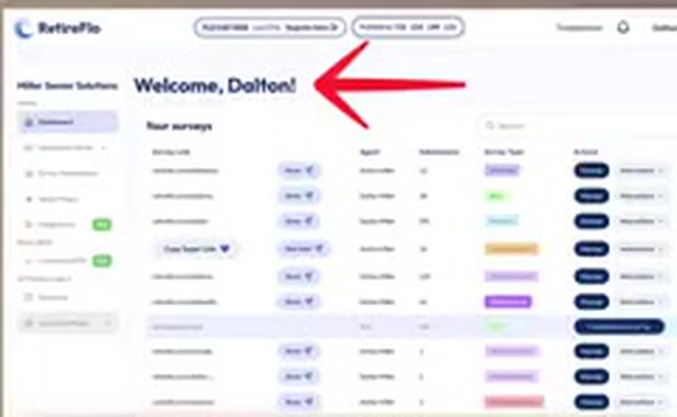 The RetireFlo dashboard with an arrow pointing to the Welcome greeting