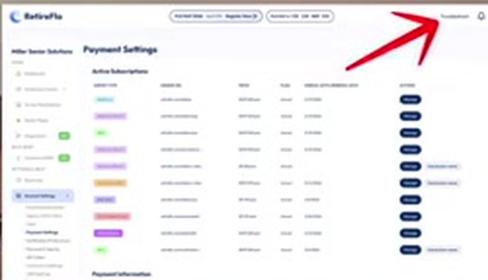 An arrow pointing to the Troubleshoot button at the top of the RetireFlo screen