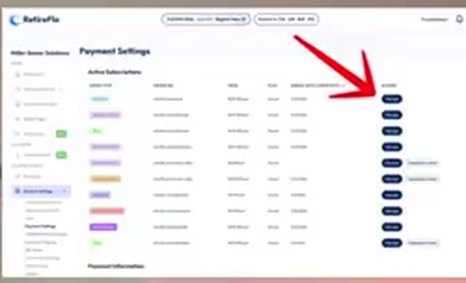 An arrow pointing to the Manage buttons next to each active subscription in Payment Settings