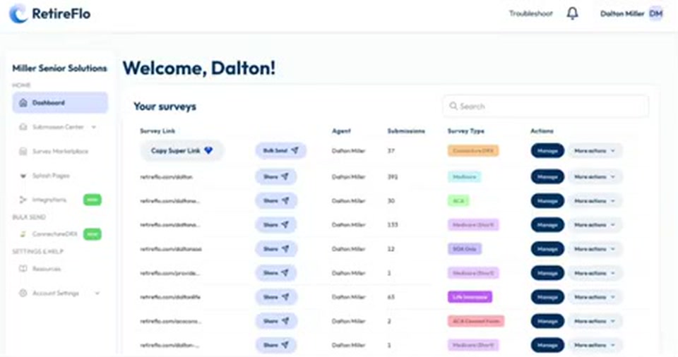 The RetireFlo dashboard with the Your surveys list