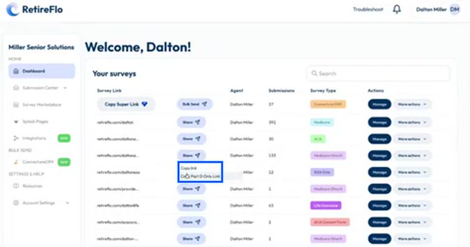 The Share menu open on a survey with Copy Link and Copy Part D Only Link highlighted