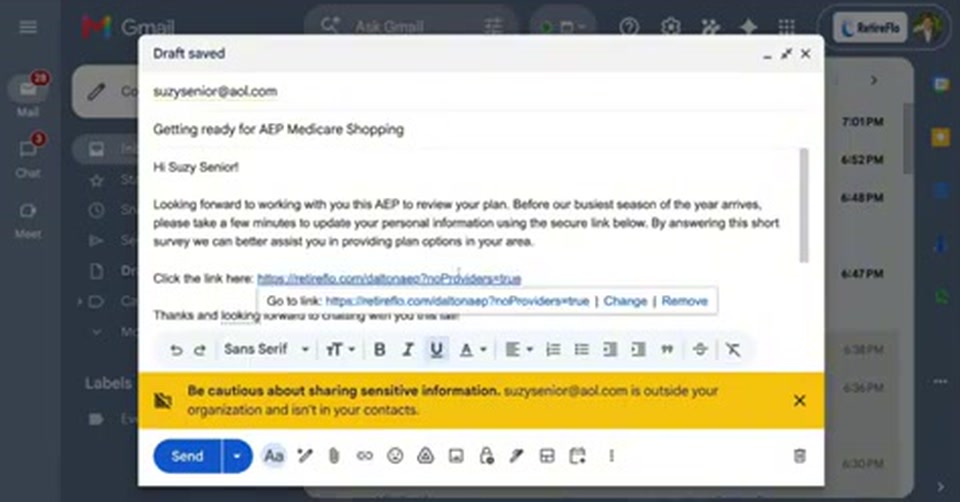 An email draft to a client with the Part D only survey link pasted and hyperlinked