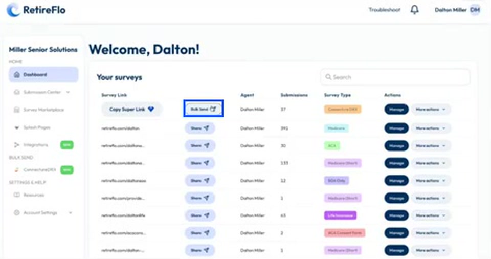 The Bulk Send button highlighted on the RetireFlo dashboard