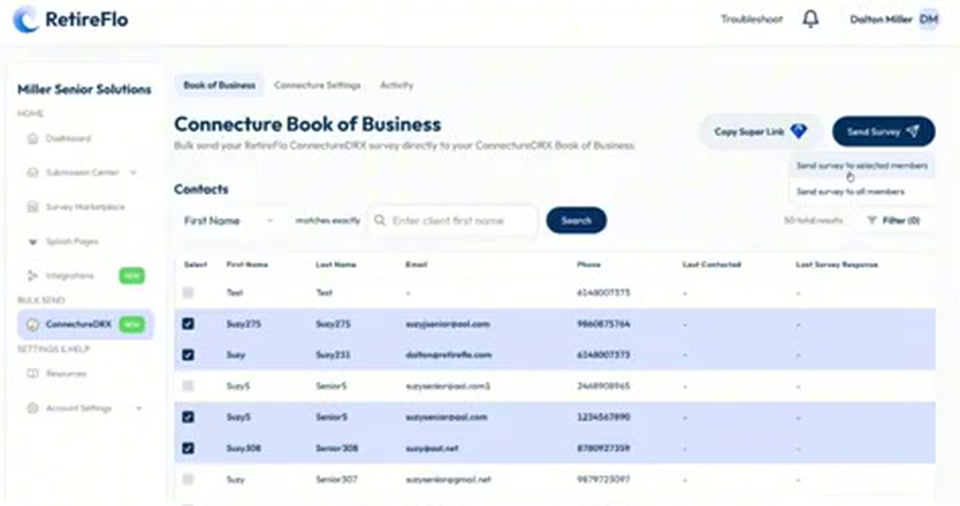 The Connecture Book of Business with several contacts selected and the Send Survey button open