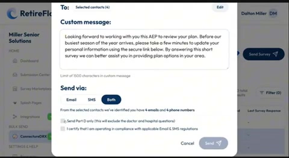 The bulk send pop-up with a custom message, send-via options, and the Send Part D only checkbox