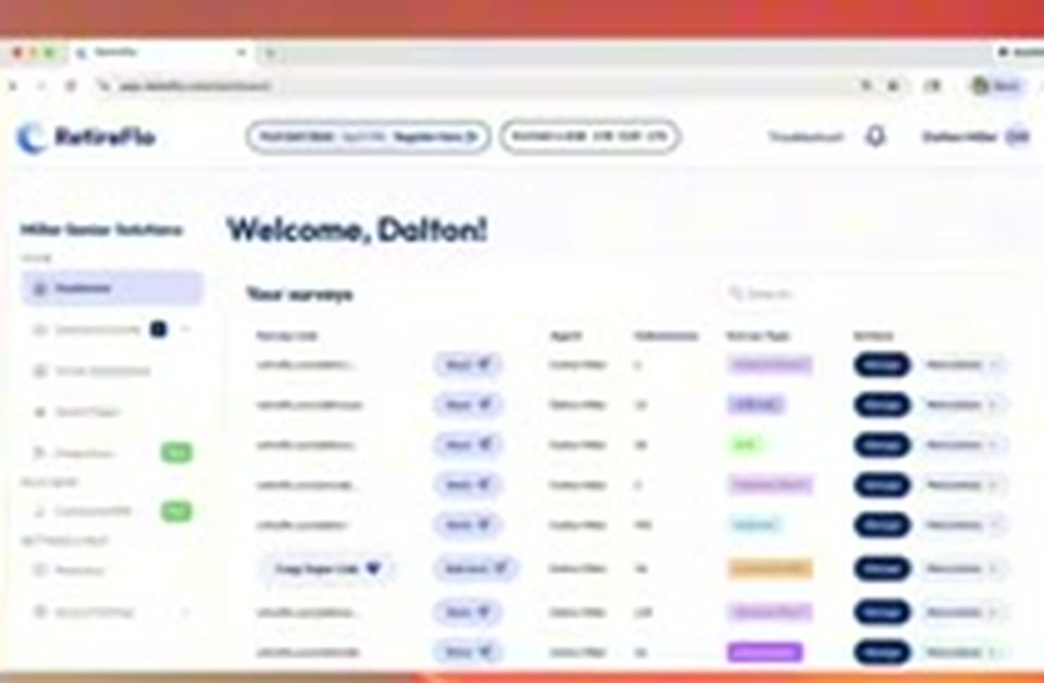 The RetireFlo dashboard welcome screen with the list of your surveys
