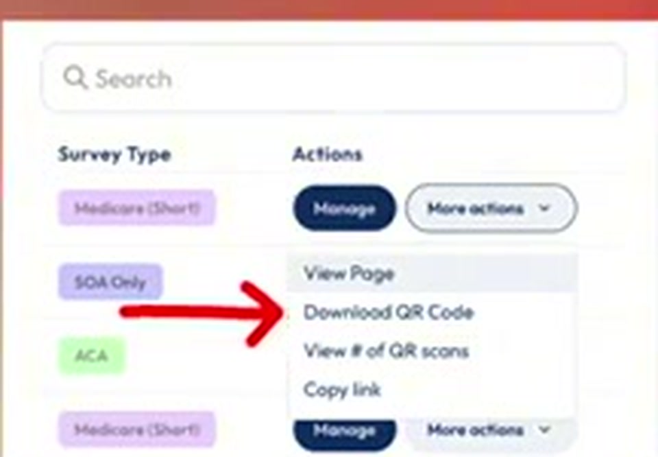 The More actions dropdown open with an arrow pointing to Download QR Code