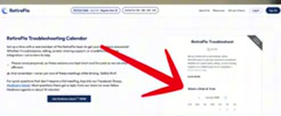 The RetireFlo troubleshooting calendar page with a red arrow pointing to the date and time picker
