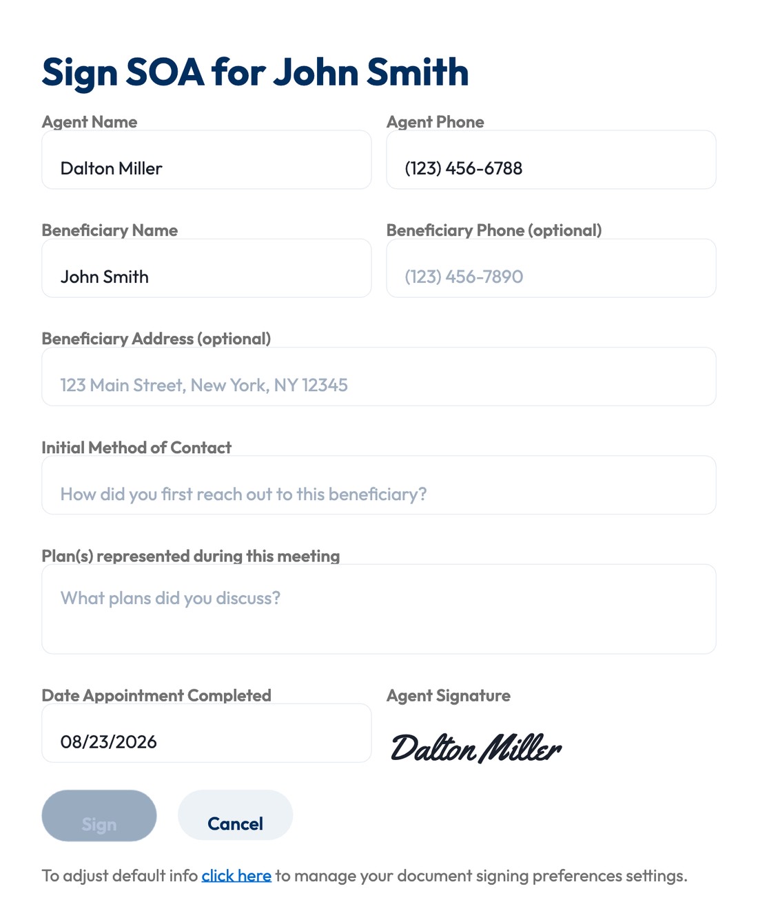 The Sign SOA dialog with agent info pre-filled, fields for method of contact and plans represented, and the auto-generated agent signature
