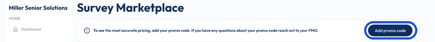 The Survey Marketplace promo banner with the Add promo code button highlighted