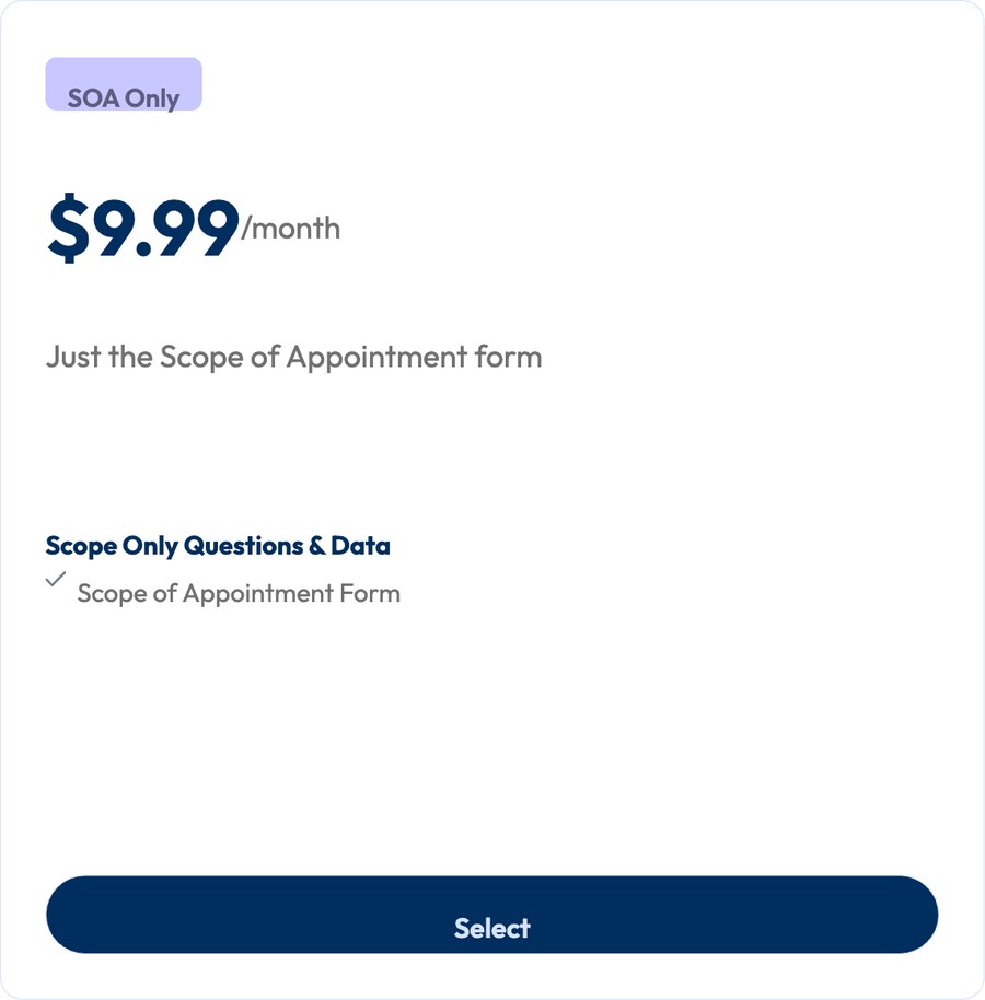 The SOA Only card in the Survey Marketplace at $9.99 per month — just the Scope of Appointment form