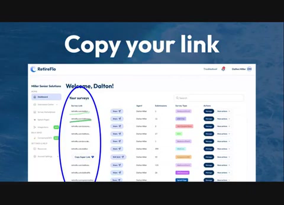 The RetireFlo dashboard with the list of survey links circled