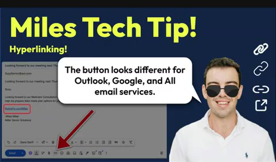 The hyperlink button highlighted in an email compose window