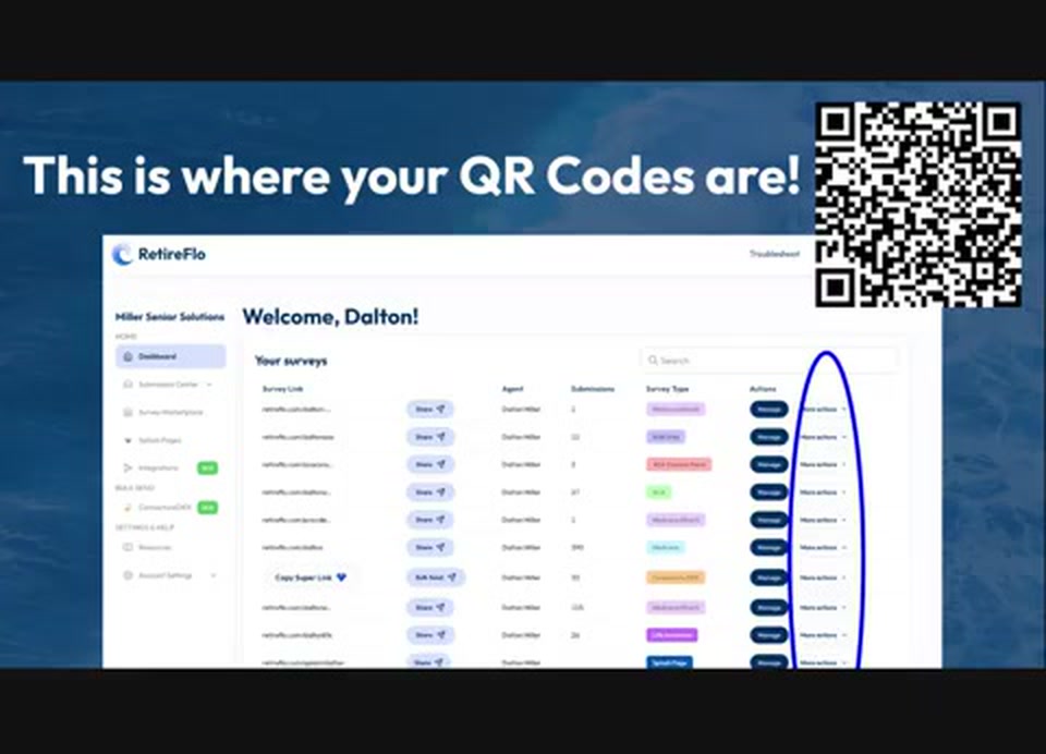 The More actions column circled on the RetireFlo dashboard, where QR codes live