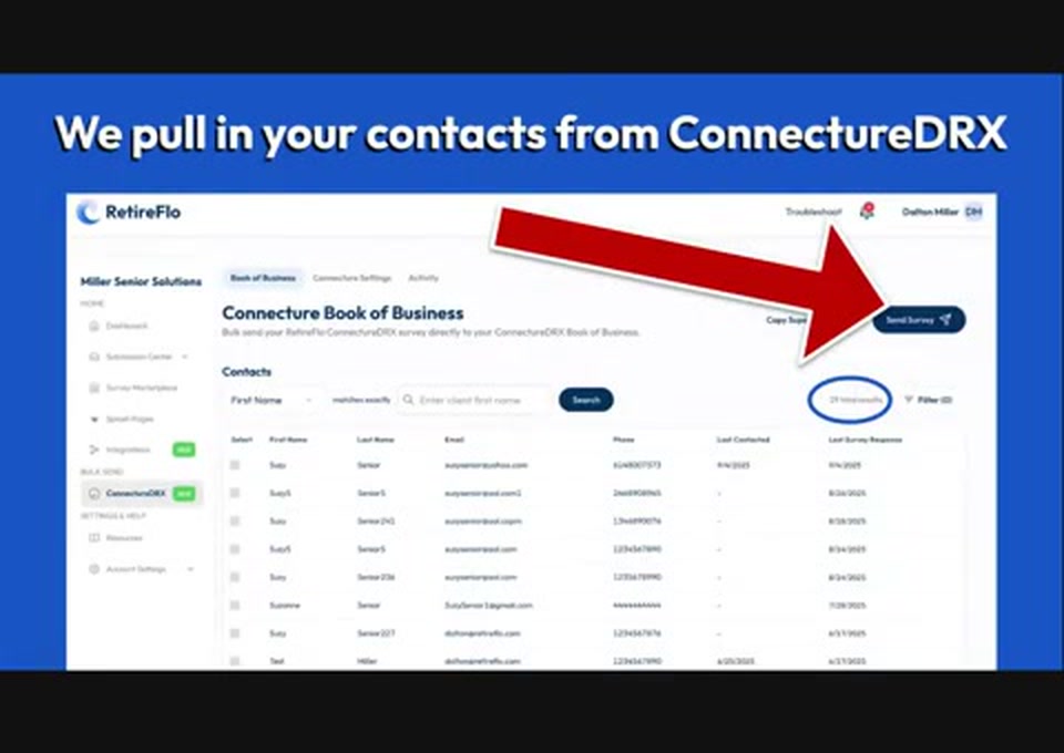 The Connecture Book of Business bulk send dashboard with the Send Survey button highlighted