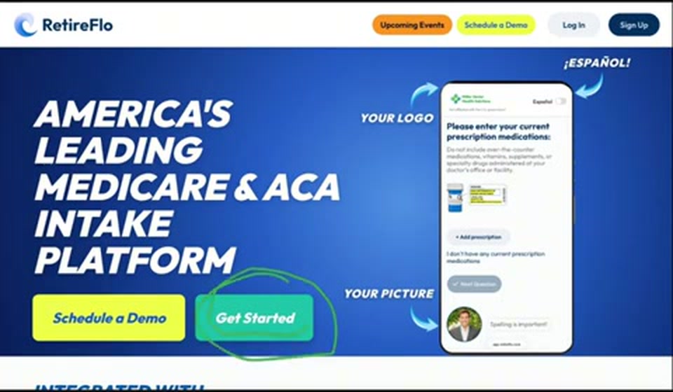 The RetireFlo homepage with the Get Started button circled