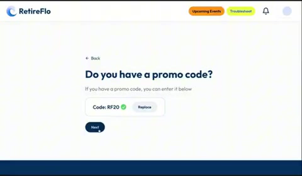 The promo code screen during sign-up with code RF20 applied