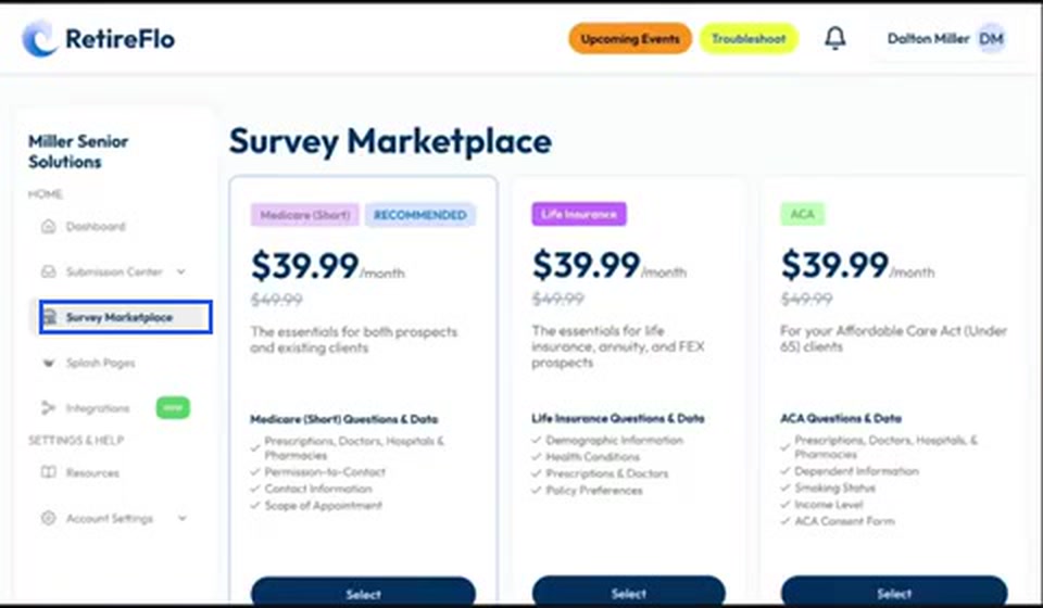 The Survey Marketplace showing Medicare, Life Insurance, and ACA surveys, with the Survey Marketplace menu item highlighted