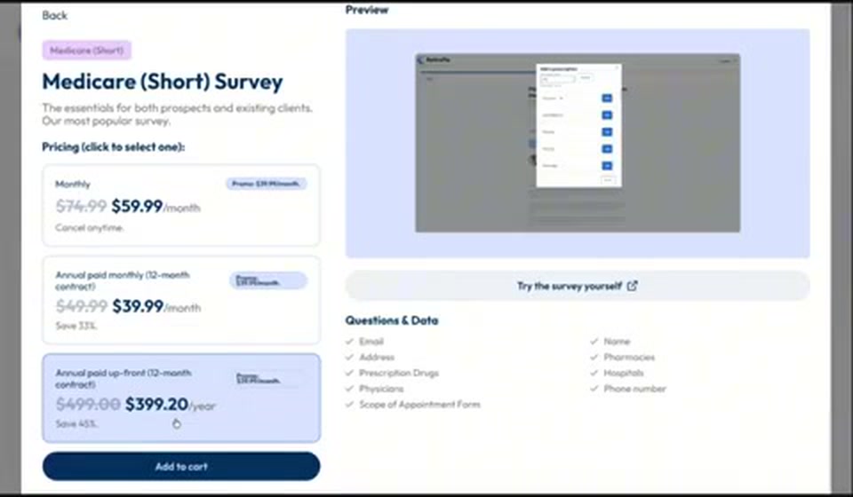 The Medicare survey pricing screen showing monthly, annual paid monthly, and annual paid up-front plans