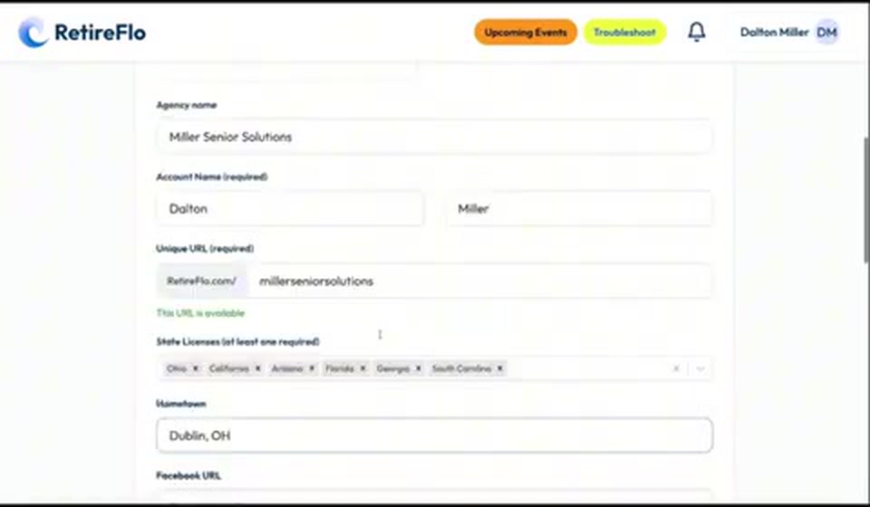 The survey customization form with agency name, account name, unique URL, state licenses, and hometown fields