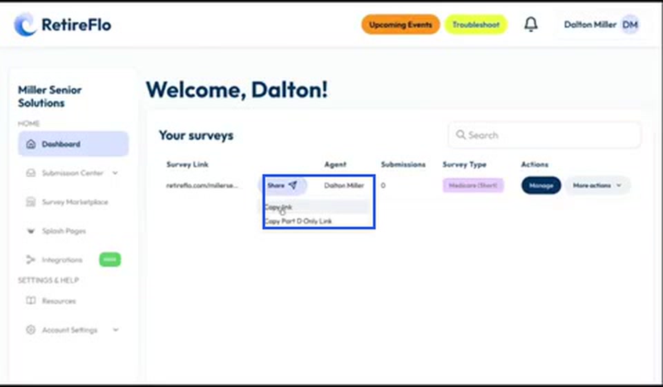 The RetireFlo dashboard with the Share button and Copy Link option highlighted next to the new survey