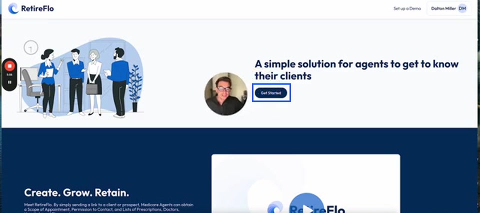 The RetireFlo site with the Get Started button highlighted