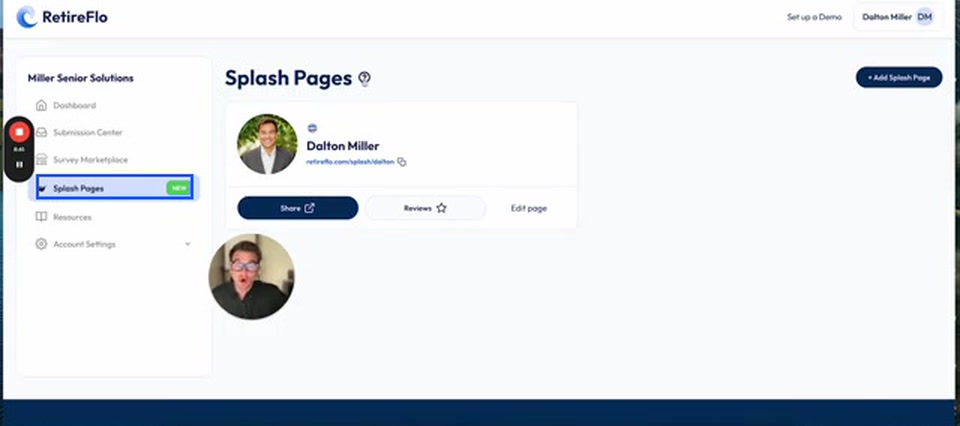 The Splash Pages section highlighted in the left menu of the RetireFlo dashboard