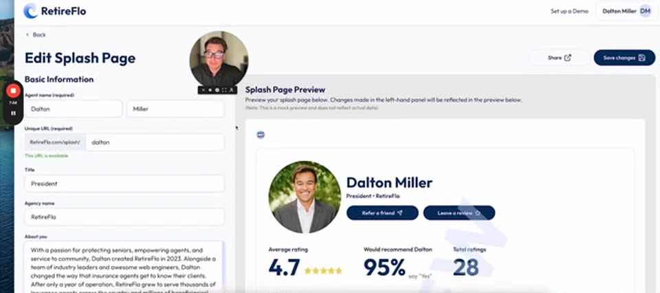 The Edit Splash Page form with name, unique URL, title, and bio fields next to a live preview