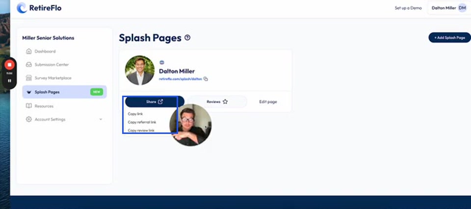 The Share menu on a splash page with Copy link, Copy referral link, and Copy review link options highlighted