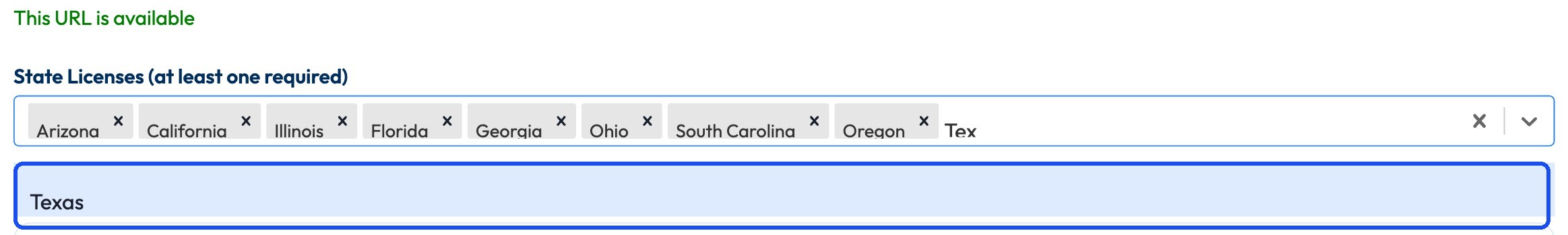 Typing 'Tex' in the State Licenses field, with Texas appearing as a suggestion, highlighted