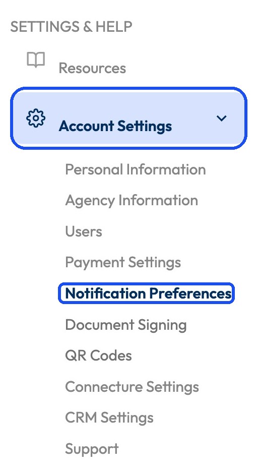 The left sidebar with Account Settings expanded and Notification Preferences highlighted