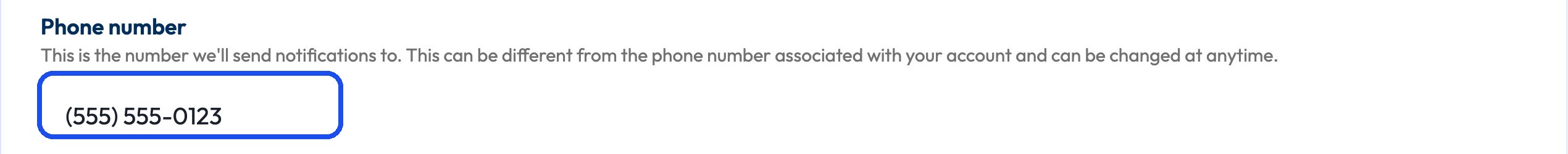 The Phone number field on the Notification Preferences page, highlighted